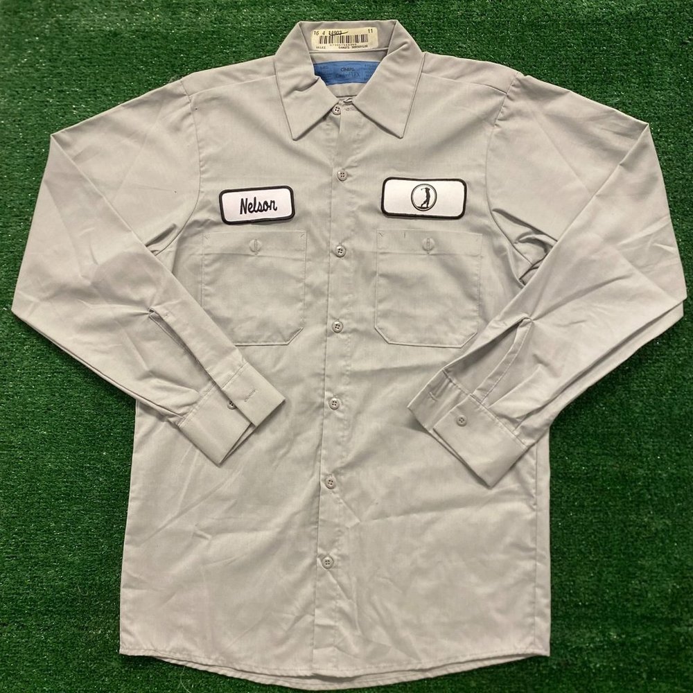 Vintage 90s Golfing Patch Work Shirt Long Sleeve Button Up Ash Gray Utility M
